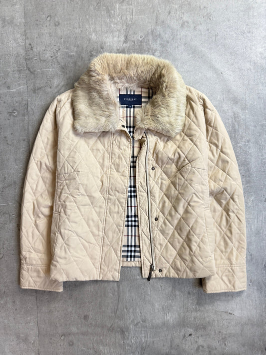 Burberry Modular Fur Collar Cropped Diamond Quilt Jacket