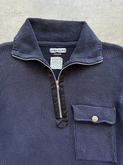 S/S 2000 Stone Island Washed Cotton Knit 1/4 Zip Sweater | Extra Large, Navy