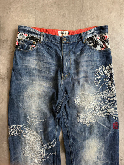 Karakuri Japan All Over Dragon Embroidered Denim Jeans