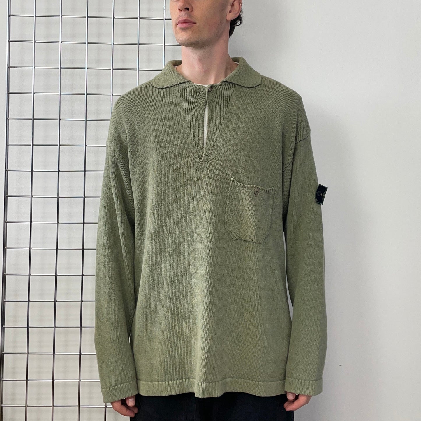 Stone Island Green SS97 Collared Green Edge Badge Knit Jumper | XX-Large, Green