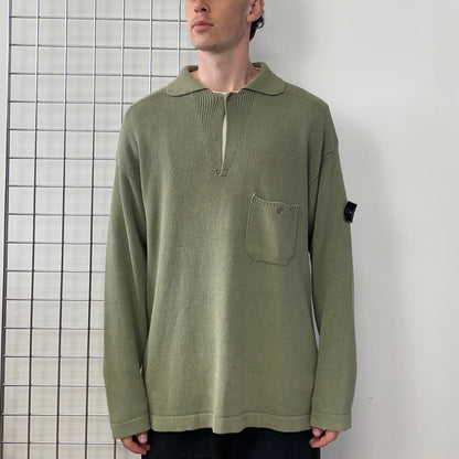Stone Island Green SS97 Collared Green Edge Badge Knit Jumper | XX-Large, Green