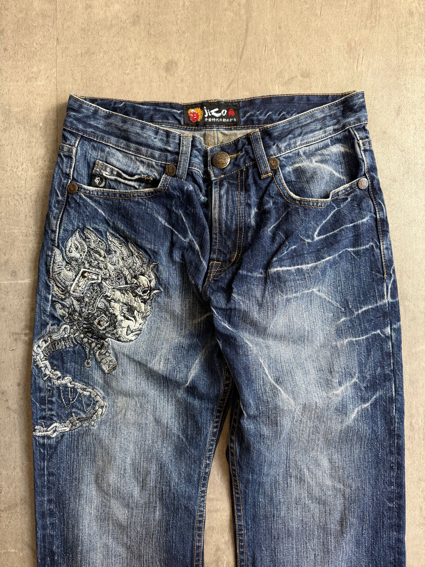 Jizo Denim Skull Chain Embroidered Jeans