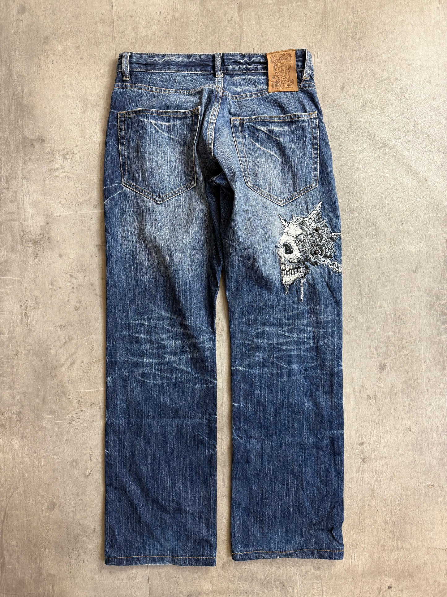 Jizo Denim Skull Chain Embroidered Jeans