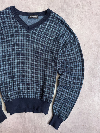 YSL Navy Check V-Neck Sweater