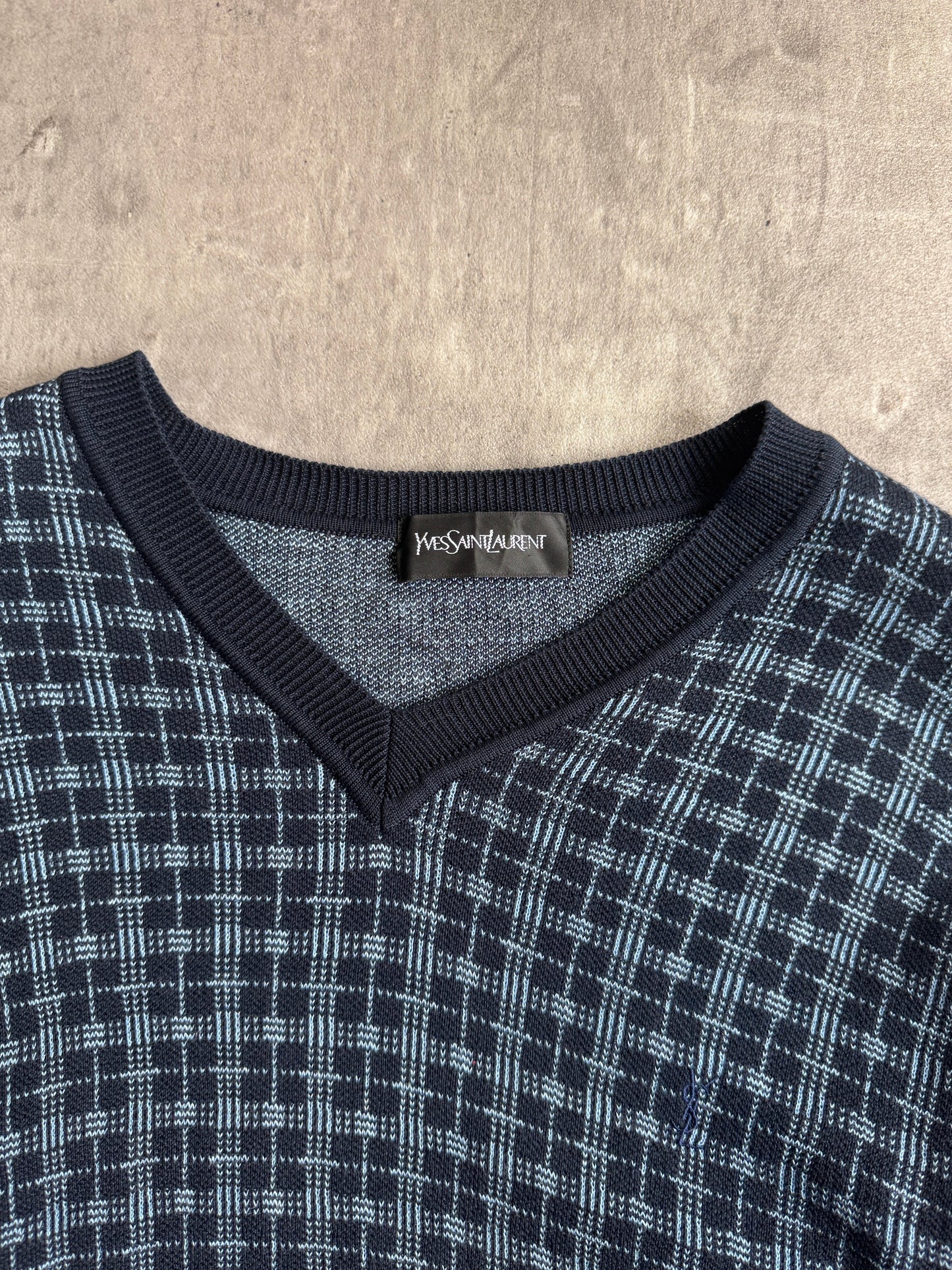 YSL Navy Check V-Neck Sweater