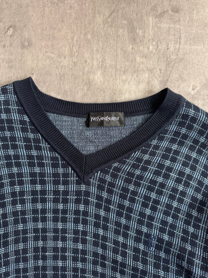 YSL Navy Check V-Neck Sweater