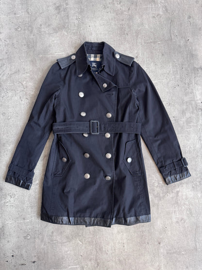 Burberry Nova Check Lined Black Leather Detailed Midi Trench