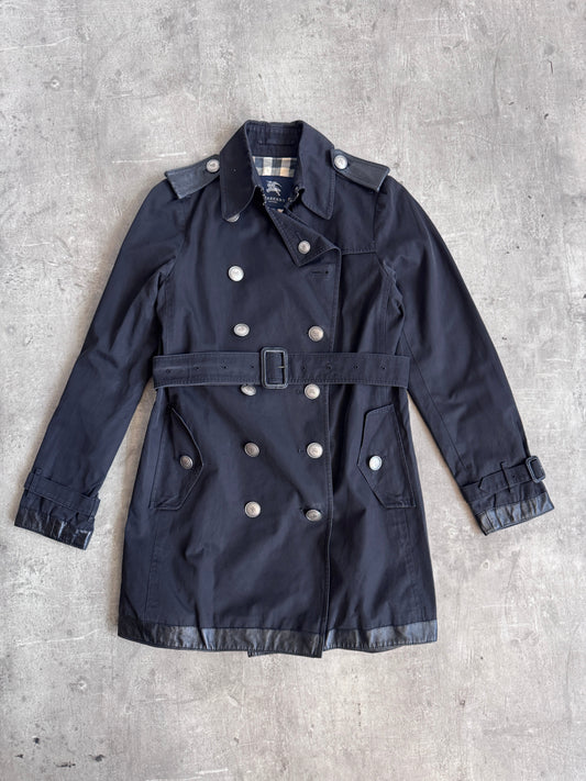 Burberry Nova Check Lined Black Leather Detailed Midi Trench