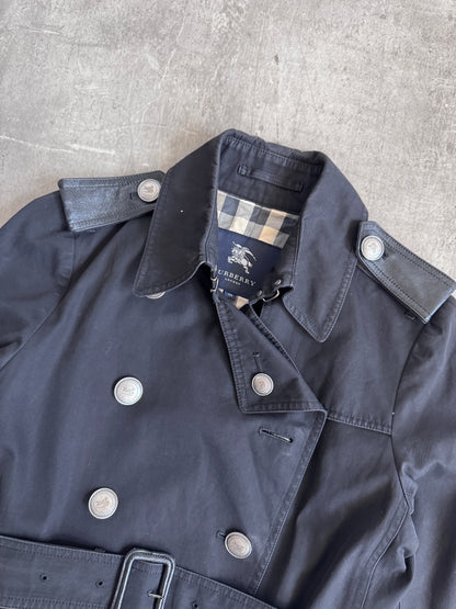 Burberry Nova Check Lined Black Leather Detailed Midi Trench