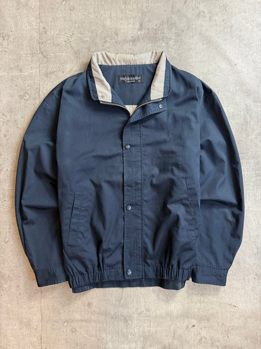 YSL Navy Plaid Collar Cinched Waist Bomber Jacket