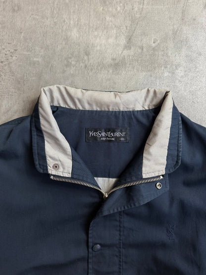 YSL Navy Plaid Collar Cinched Waist Bomber Jacket