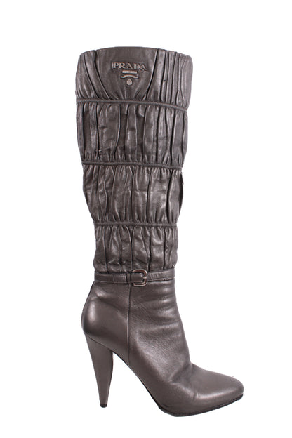 Prada Pleated Long Boots Silver/ Grey 37.5 | O/S, Grey