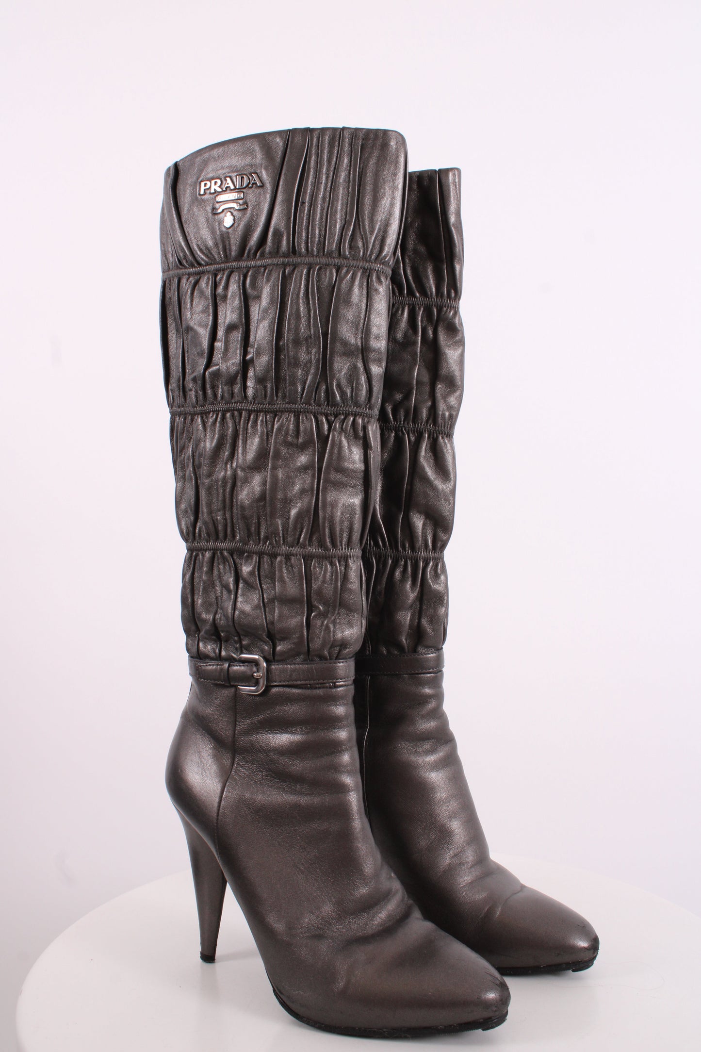 Prada Pleated Long Boots Silver/ Grey 37.5 | O/S, Grey