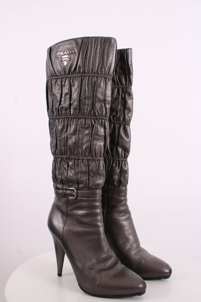 Prada Pleated Long Boots Silver/ Grey 37.5 | O/S, Grey