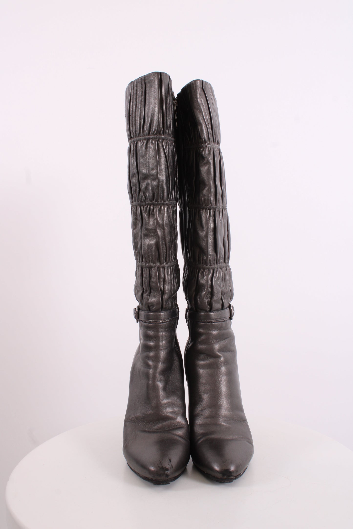 Prada Pleated Long Boots Silver/ Grey 37.5 | O/S, Grey