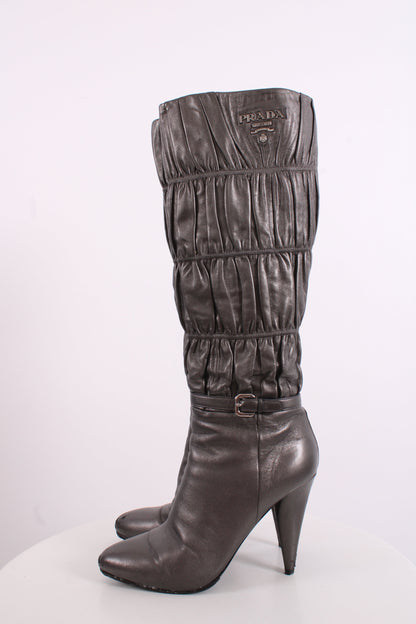 Prada Pleated Long Boots Silver/ Grey 37.5 | O/S, Grey