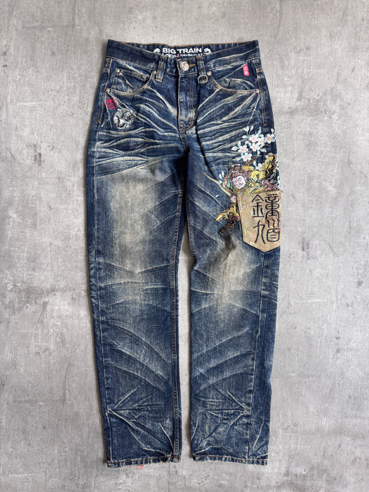Big Train Warrior Embroidered Acid Wash Jeans