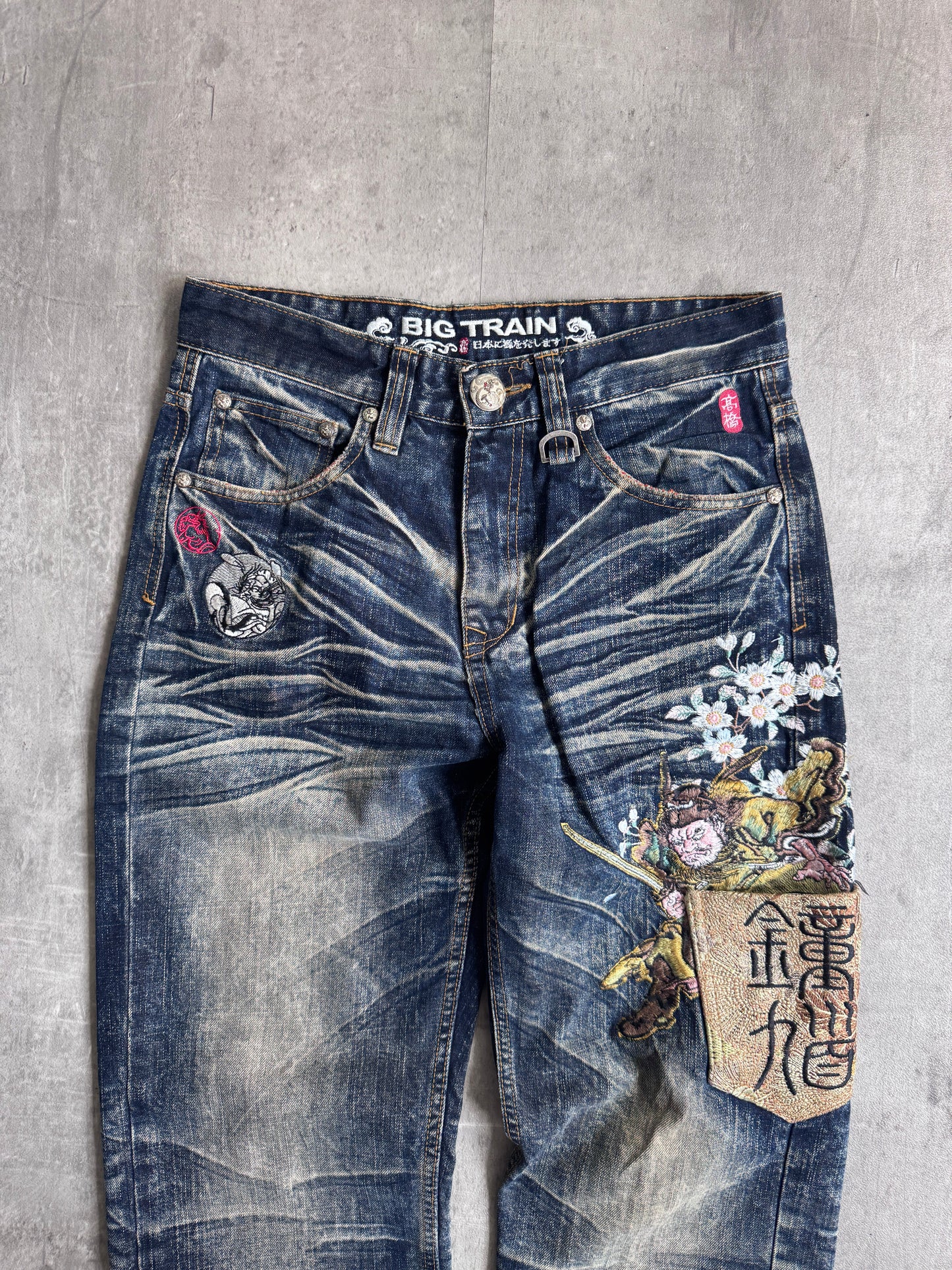 Big Train Warrior Embroidered Acid Wash Jeans