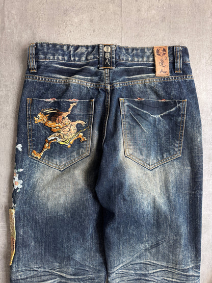 Big Train Warrior Embroidered Acid Wash Jeans