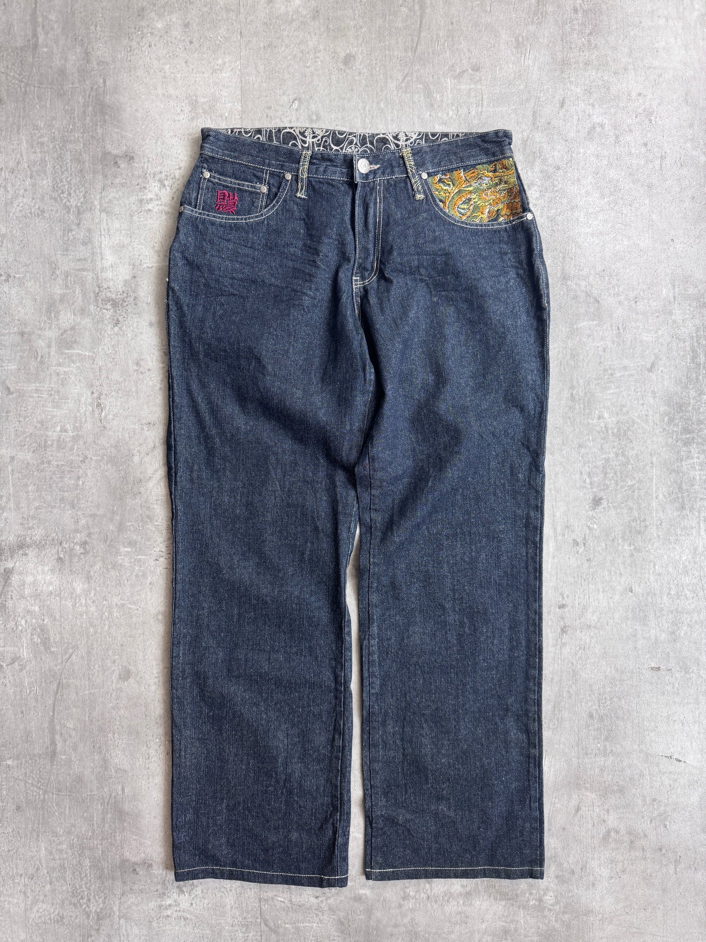 GUMU Dragon Embroidered Dark Wash Jeans