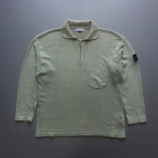 Stone Island Green SS97 Collared Green Edge Badge Knit Jumper | XX-Large, Green