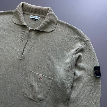 Stone Island Green SS97 Collared Green Edge Badge Knit Jumper | XX-Large, Green