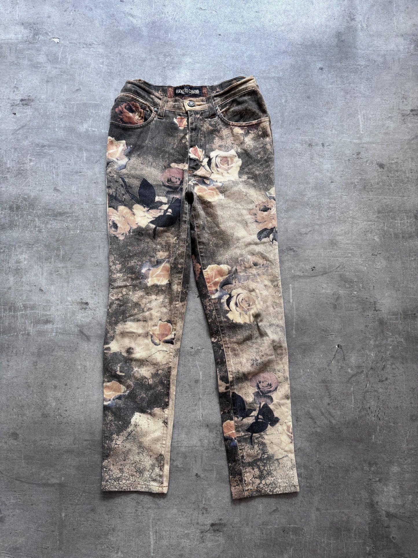 1990's Roberto Cavalli Floral Gold Rose Print Jeans | UK12, Multicoloured