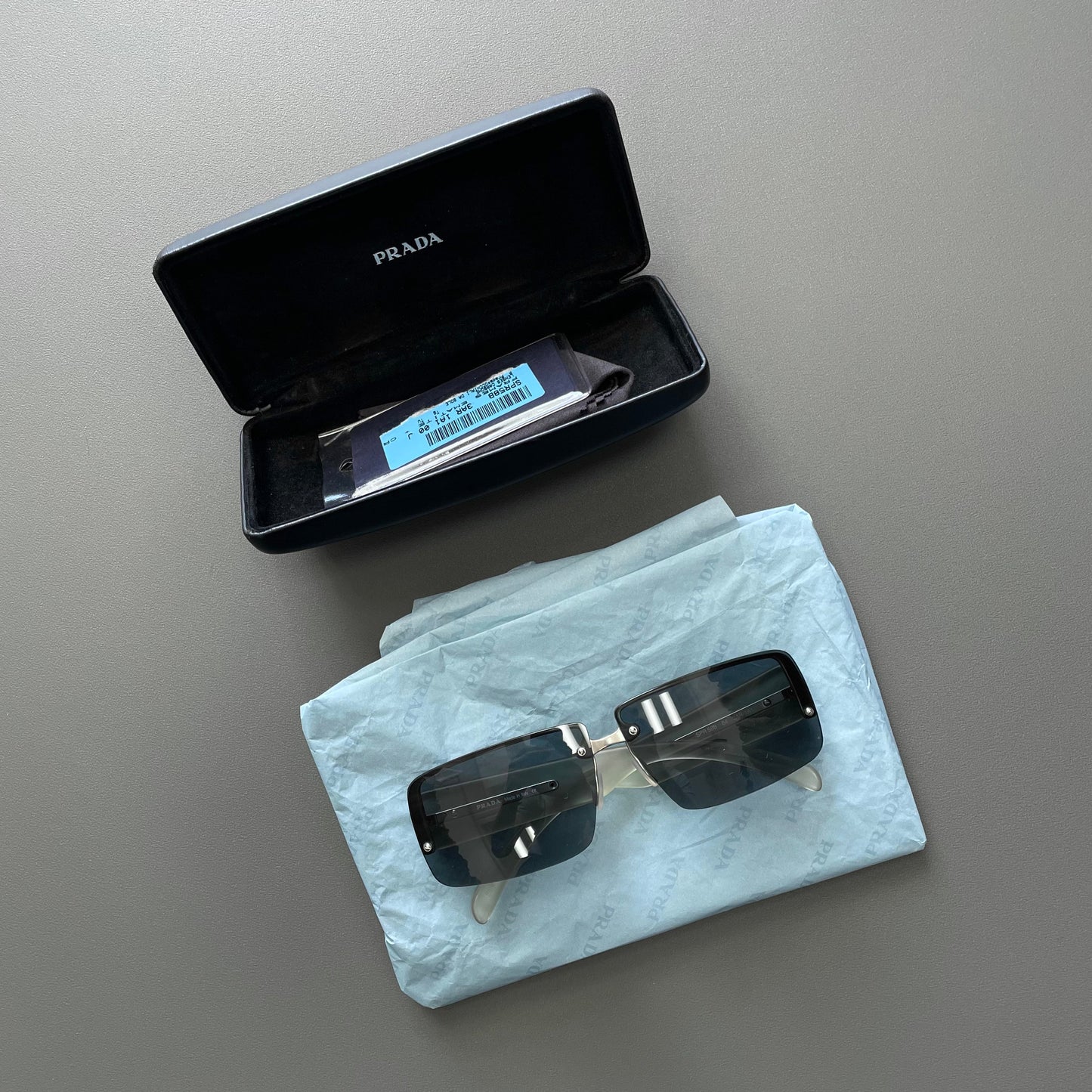 Prada Blue & Clear 00s Women's Rimless Rectangle Sunglasses | O/S, Multicoloured