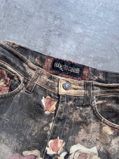 1990's Roberto Cavalli Floral Gold Rose Print Jeans | UK12, Multicoloured