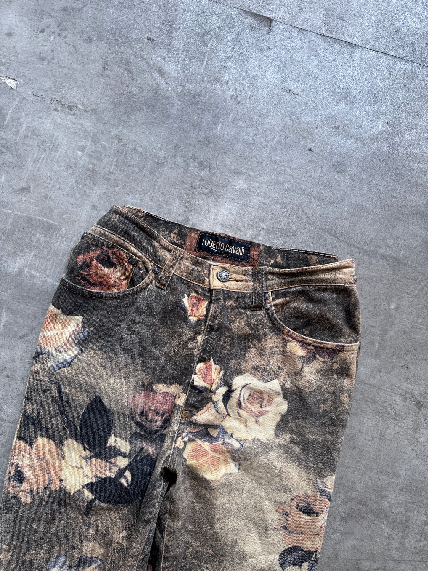 1990's Roberto Cavalli Floral Gold Rose Print Jeans | UK12, Multicoloured