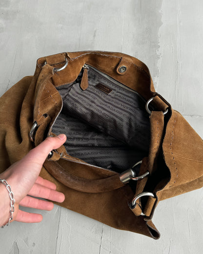 PRADA LEATHER SUEDE & CHROME SHOULDER BAG | O/S, Brown