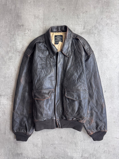 1980's Avirex Dark Brown A2 4 Pocket Leather Bomber Jacket