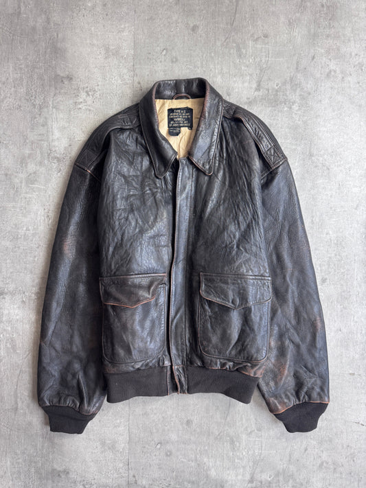 1980's Avirex Dark Brown A2 4 Pocket Leather Bomber Jacket