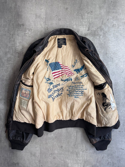 1980's Avirex Dark Brown A2 4 Pocket Leather Bomber Jacket