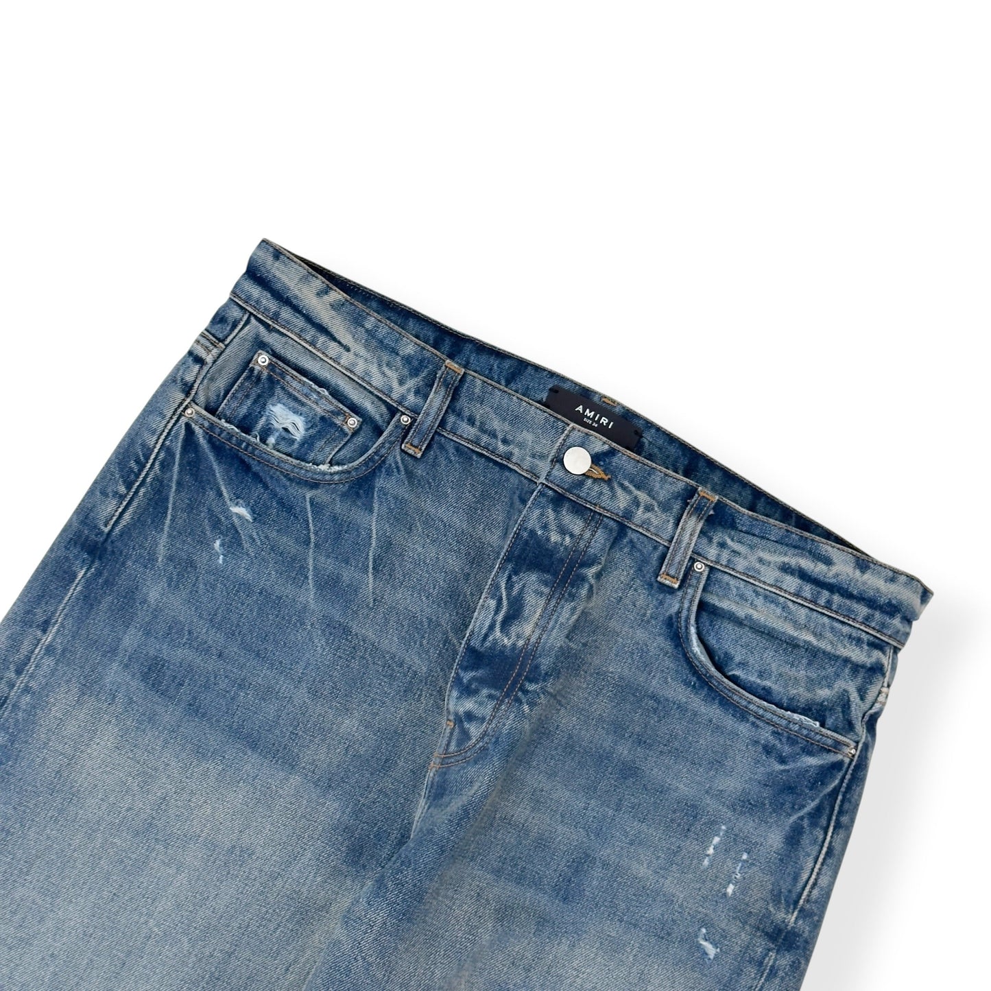 AMIRI DISTRESSED STRAIGHT LEG JEANS BLUE 34 / L | Large, Blue