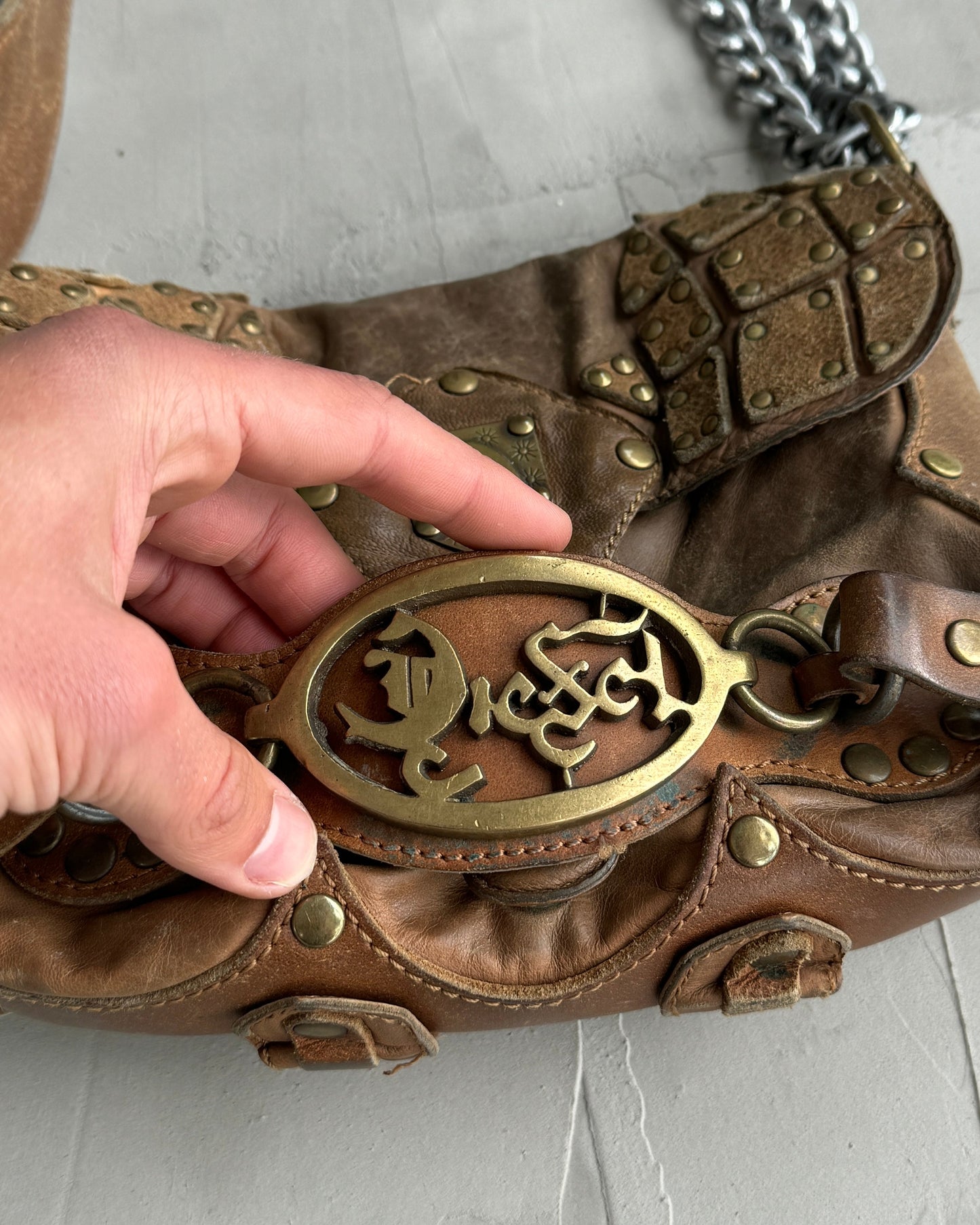 DIESEL 90'S BROWN LEATHER & CHROME SHOULDER BAG | O/S, Multicoloured