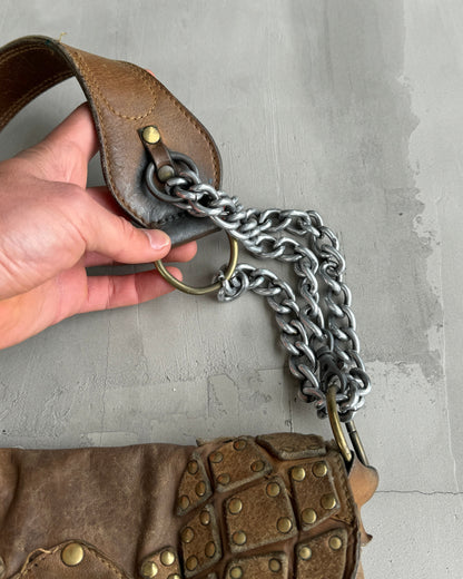 DIESEL 90'S BROWN LEATHER & CHROME SHOULDER BAG | O/S, Multicoloured