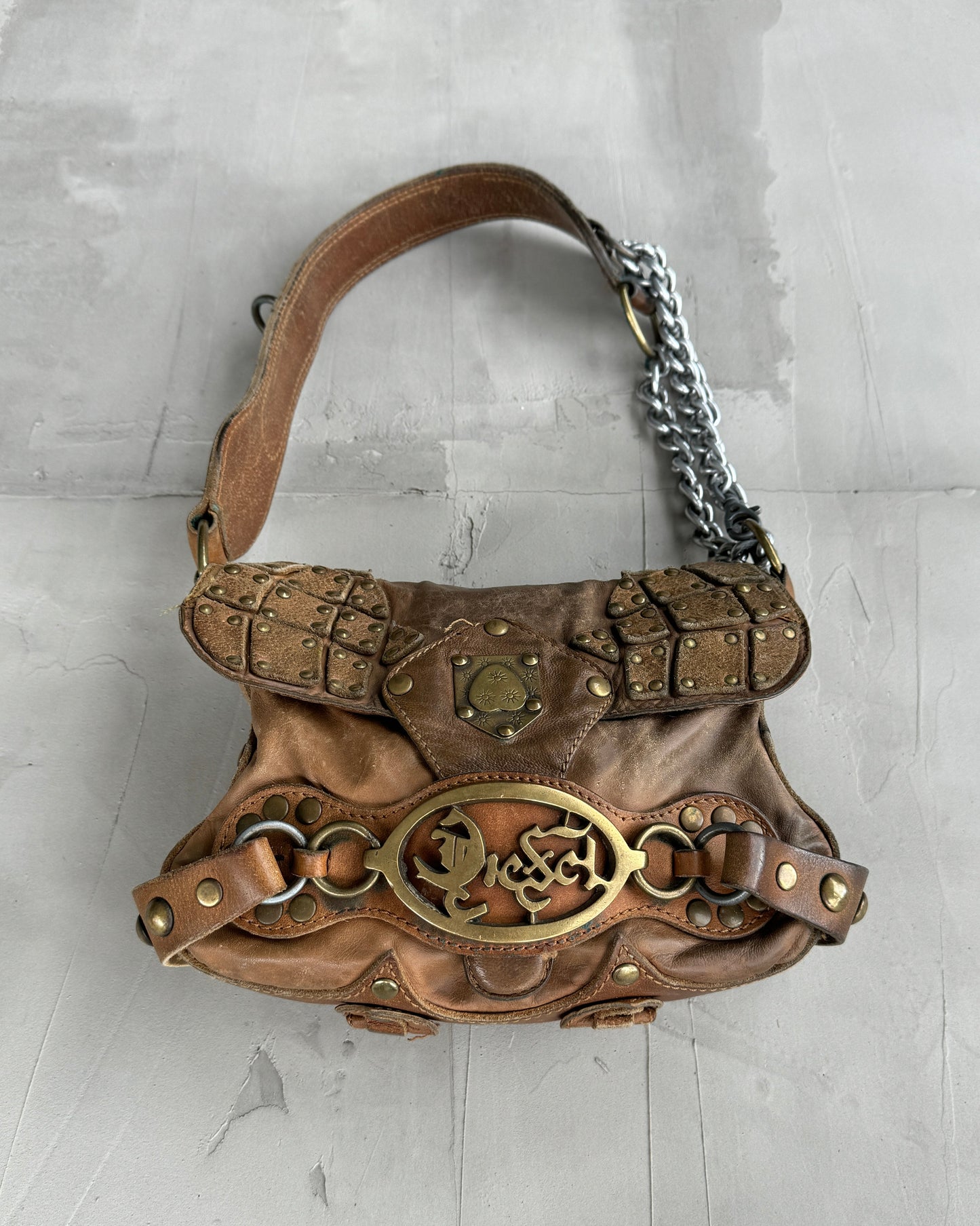 DIESEL 90'S BROWN LEATHER & CHROME SHOULDER BAG | O/S, Multicoloured