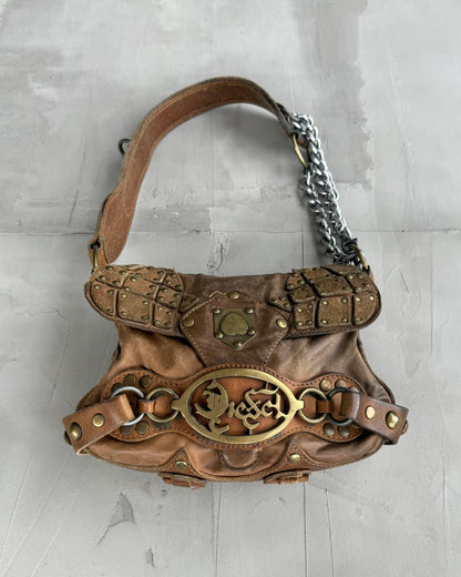 DIESEL 90'S BROWN LEATHER & CHROME SHOULDER BAG | O/S, Multicoloured
