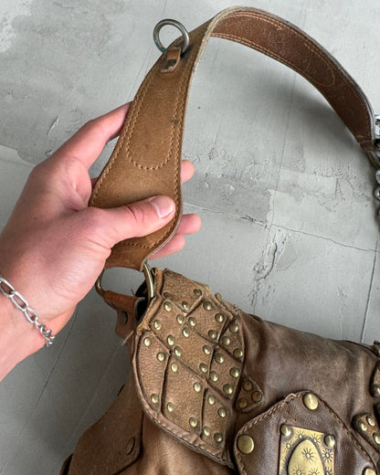 DIESEL 90'S BROWN LEATHER & CHROME SHOULDER BAG | O/S, Multicoloured