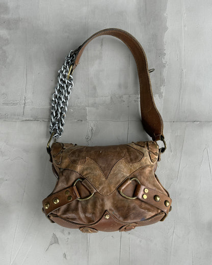 DIESEL 90'S BROWN LEATHER & CHROME SHOULDER BAG | O/S, Multicoloured