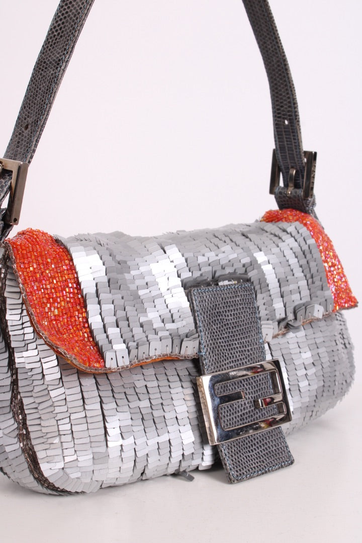 Fendi Sequin/ Lizard Trim Baguette Bag Grey/ Orange | O/S, Grey