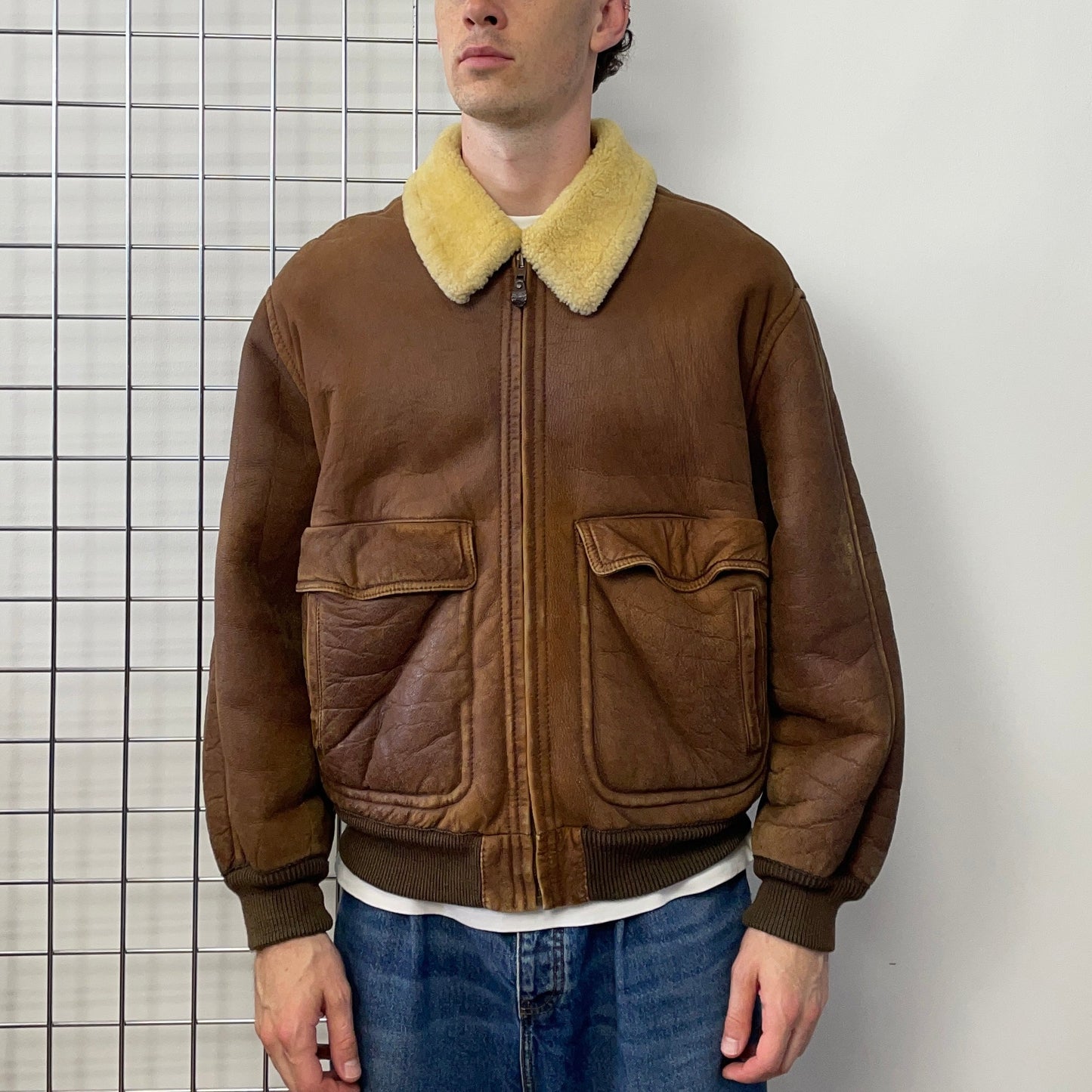 Emporio Armani Brown 80s Shearling Leather Jacket | X-Large, Brown