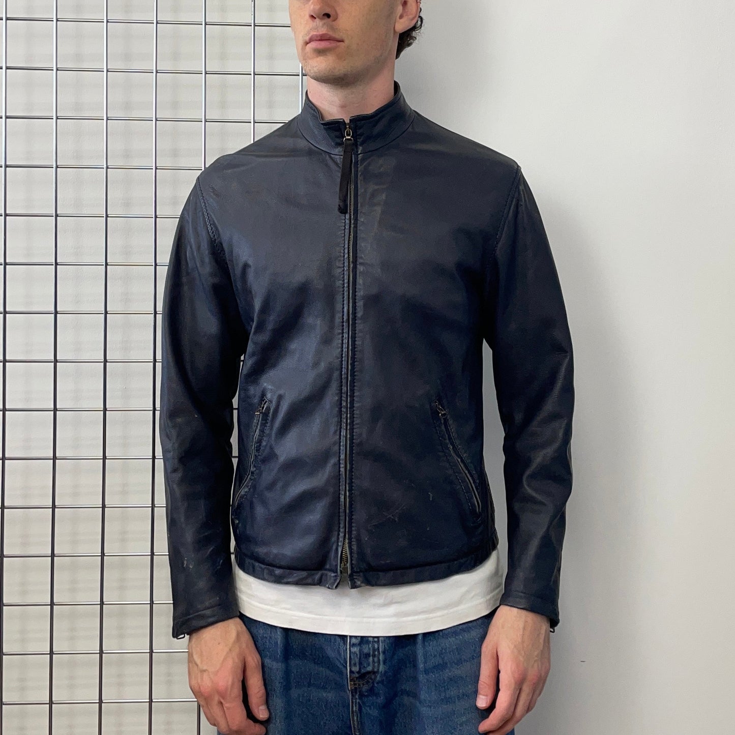 Armani Jeans Navy 90s Technical Leather Biker Jacket | Medium, Navy