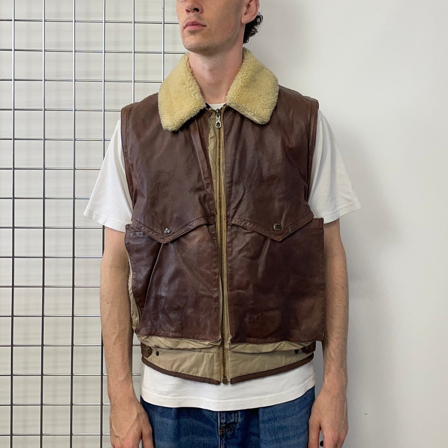 C.P. Company Brown 80s Dutch Police Shearling Leather Gilet | X-Large, Brown