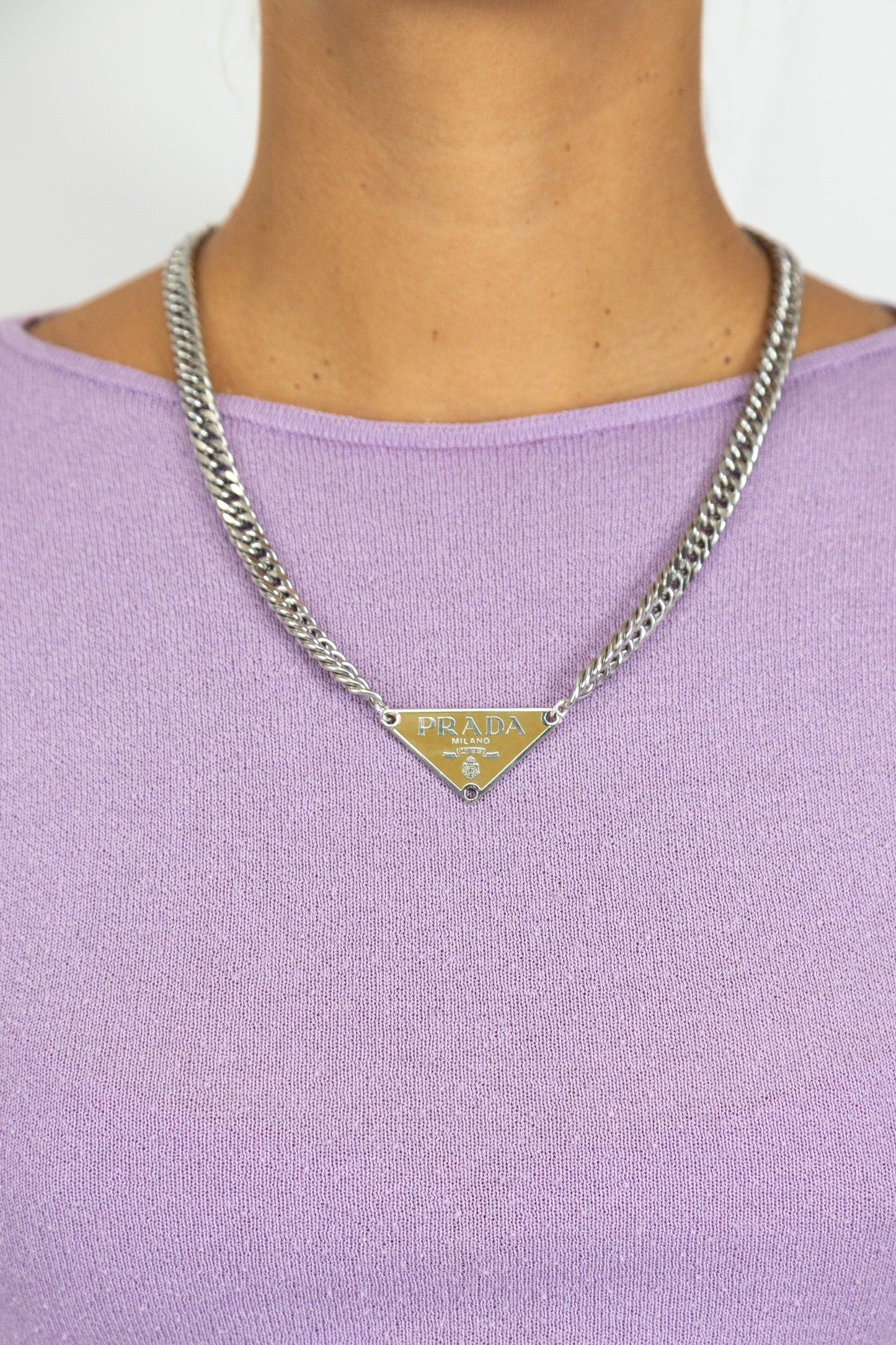 VT Rework : Prada Caramel Triangular Badge Curb Chain Silver Necklace