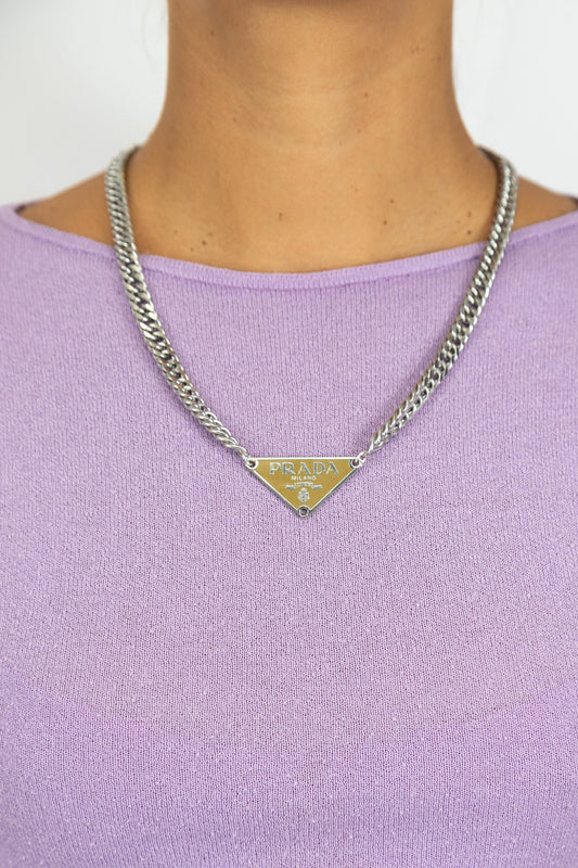 VT Rework : Prada Caramel Triangular Badge Curb Chain Silver Necklace