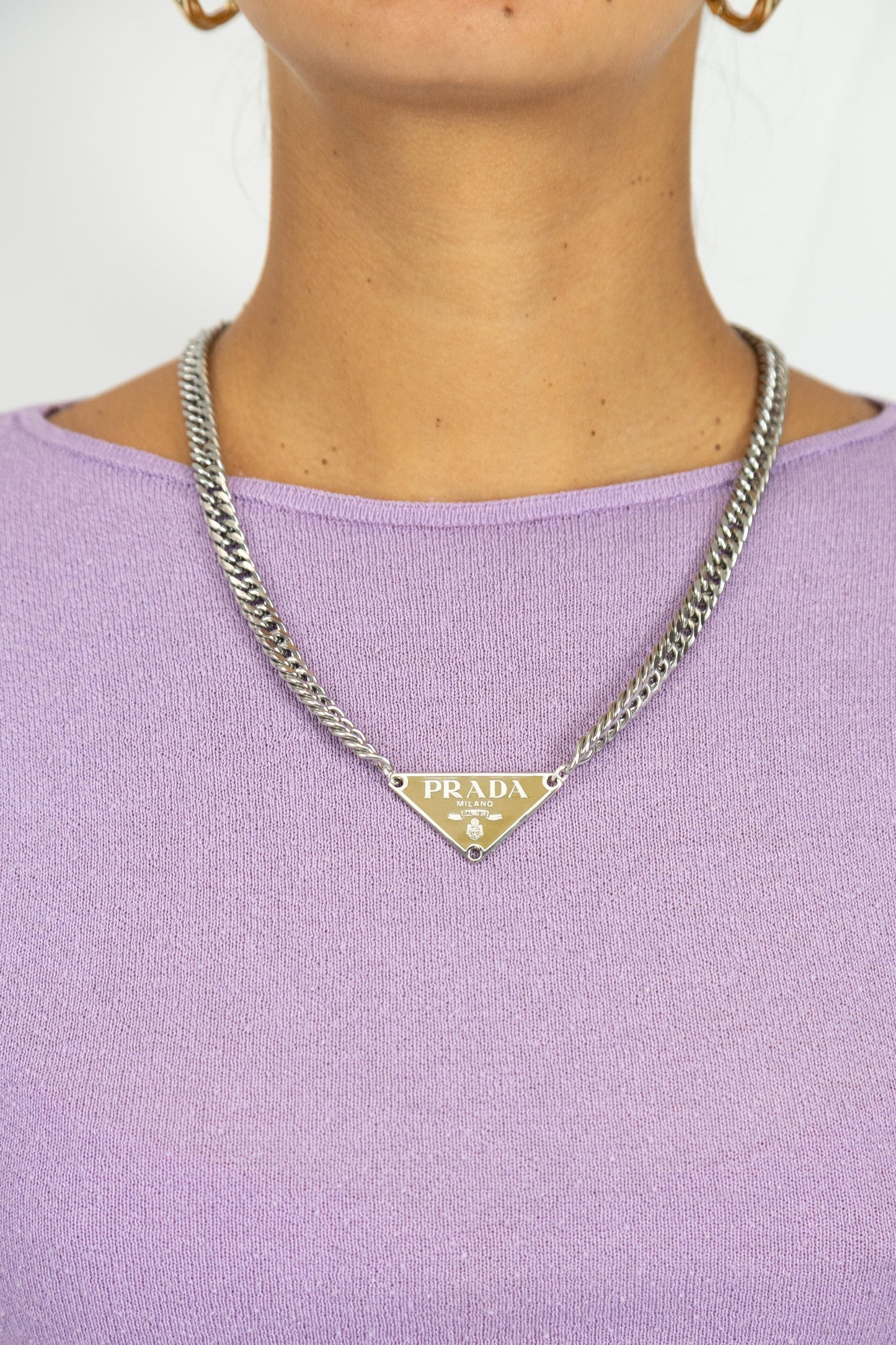 VT Rework : Prada Caramel Triangular Badge Curb Chain Silver Necklace