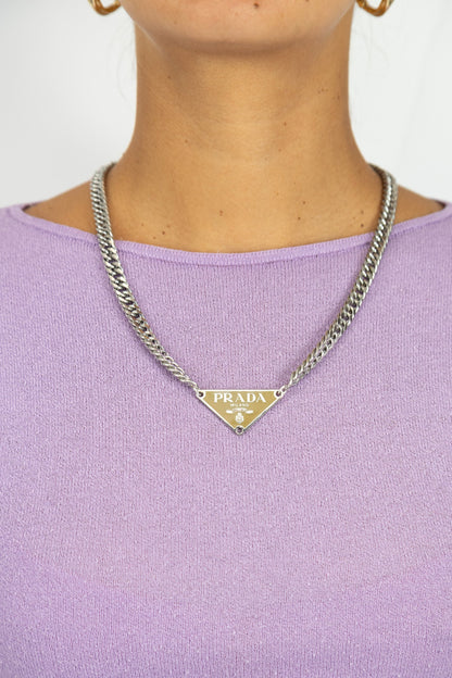 VT Rework : Prada Caramel Triangular Badge Curb Chain Silver Necklace