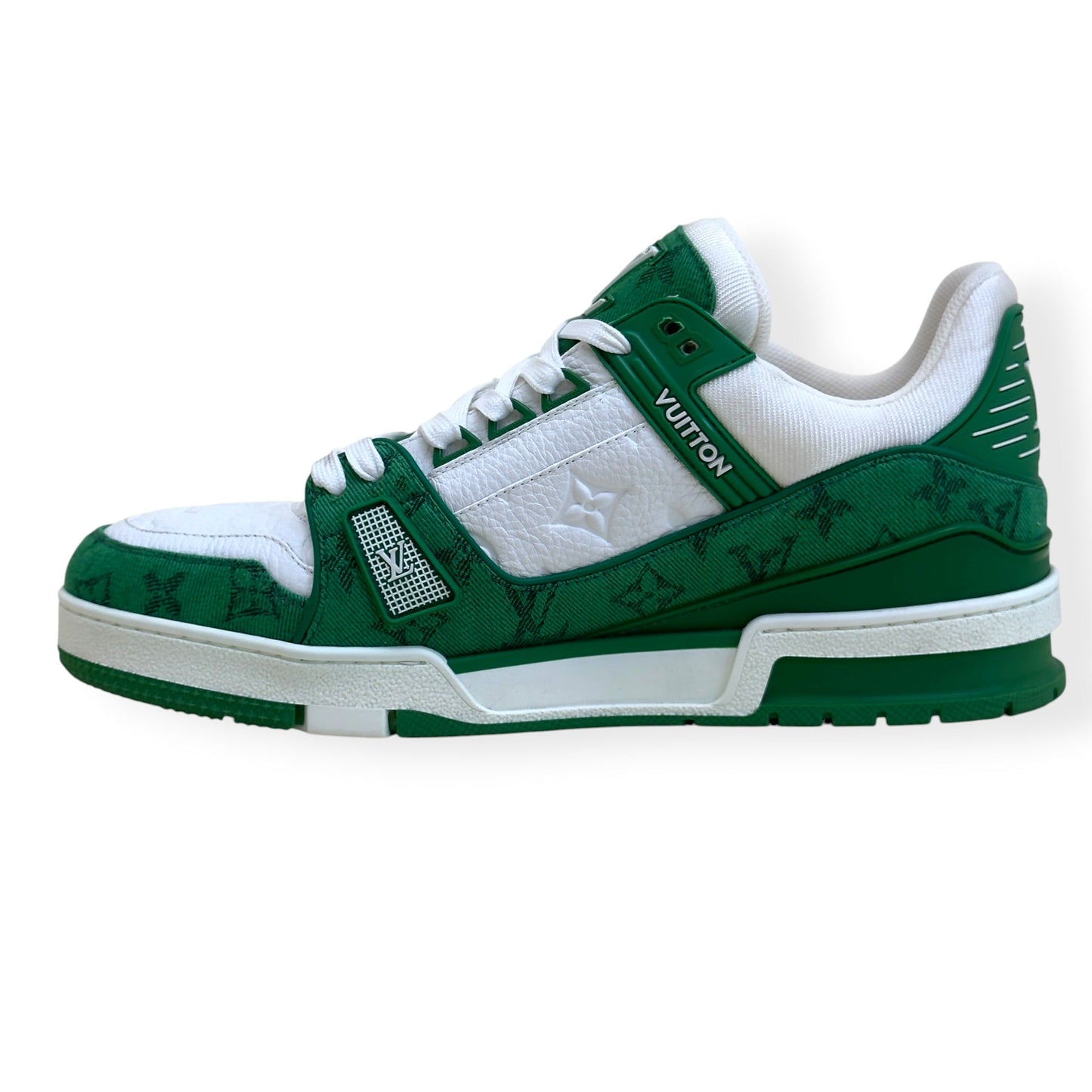 LOUIS VUITTON LV TRAINER MONOGRAM DENIM SNEAKER GREEN / WHITE UK8.5 | UK 8.5, Green